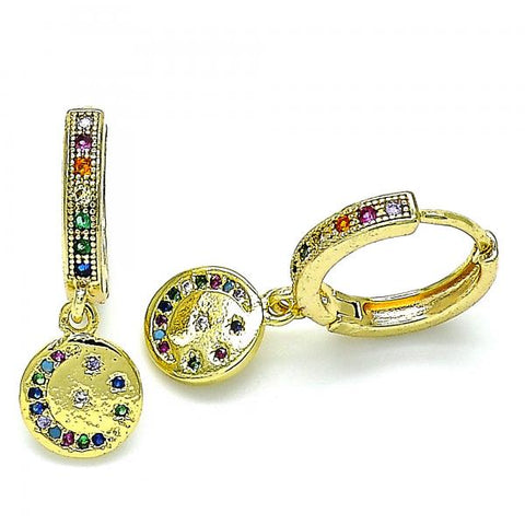 Argolla Huggie 02.381.0038.15 Oro Laminado, Diseño de Luna, con Micro Pave Multicolor, Pulido, Dorado