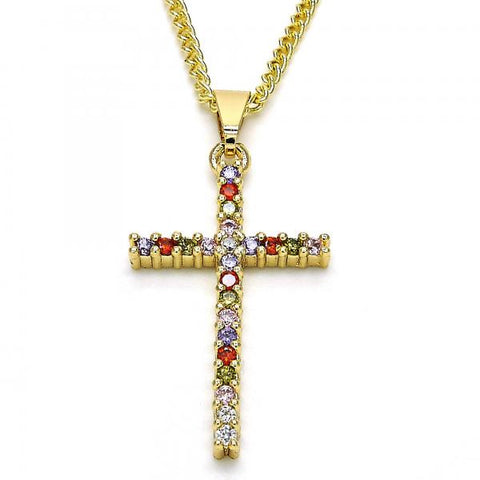 Collares con Dije 04.284.0013.3.20 Oro Laminado, Diseño de Cruz, con Zirconia Cubica Multicolor, Pulido, Dorado