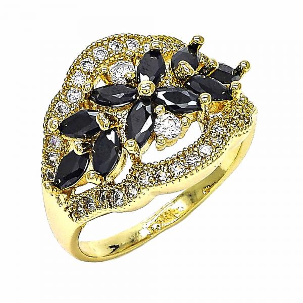 Anillo Multi Piedra 01.283.0007.07 Oro Laminado, Diseño de Flor, con Zirconia Cubica Negro y Blanca, Pulido, Dorado