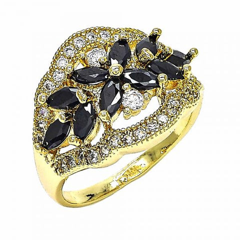 Anillo Multi Piedra 01.283.0007.07 Oro Laminado, Diseño de Flor, con Zirconia Cubica Negro y Blanca, Pulido, Dorado