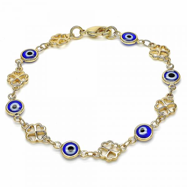 Pulsera Elegante 03.326.0011.2.08 Oro Laminado, Diseño de Ojo Griego y Trebol de Cuatro Hojas, Diseño de Ojo Griego, Resinado Azul, Dorado