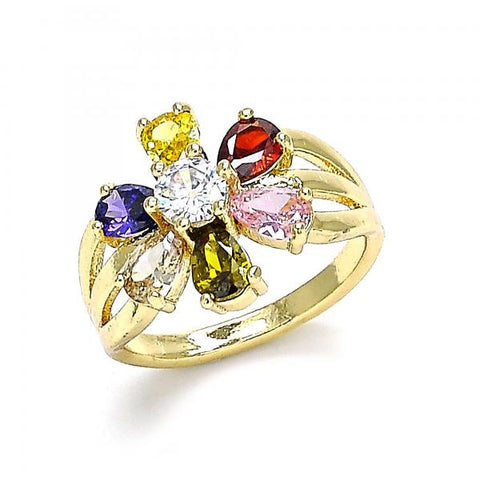 Anillo Multi Piedra 01.210.0143.08 Oro Laminado, Diseño de Flor, con Zirconia Cubica Multicolor, Pulido, Dorado