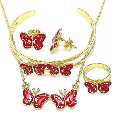Collar, Pulso, Arete y Anillo 06.361.0036 Oro Laminado, Diseño de Mariposa, Esmaltado Rojo, Dorado