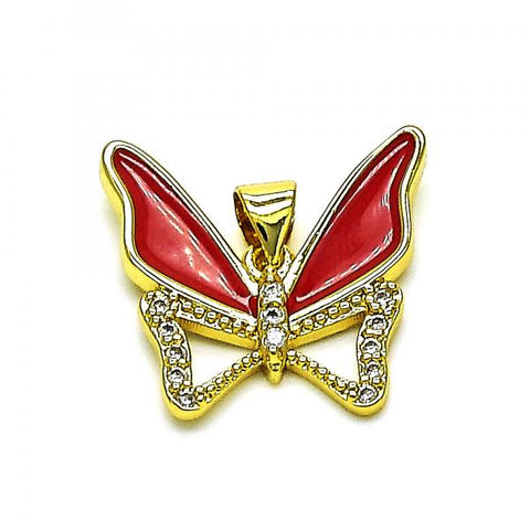 Dije Elegante 05.381.0015.1 Oro Laminado, Diseño de Mariposa, con Micro Pave Blanca, Esmaltado Rojo, Dorado