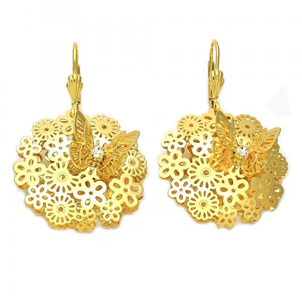 Arete Colgante 5.093.001 Oro Laminado, Diseño de Mariposa y Flor, Diseño de Mariposa, con Zirconia Cubica Blanca, Pulido, Dorado