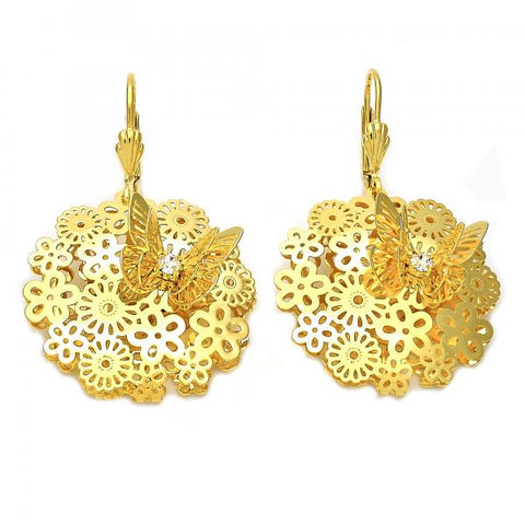 Arete Colgante 5.093.001 Oro Laminado, Diseño de Mariposa y Flor, Diseño de Mariposa, con Zirconia Cubica Blanca, Pulido, Dorado