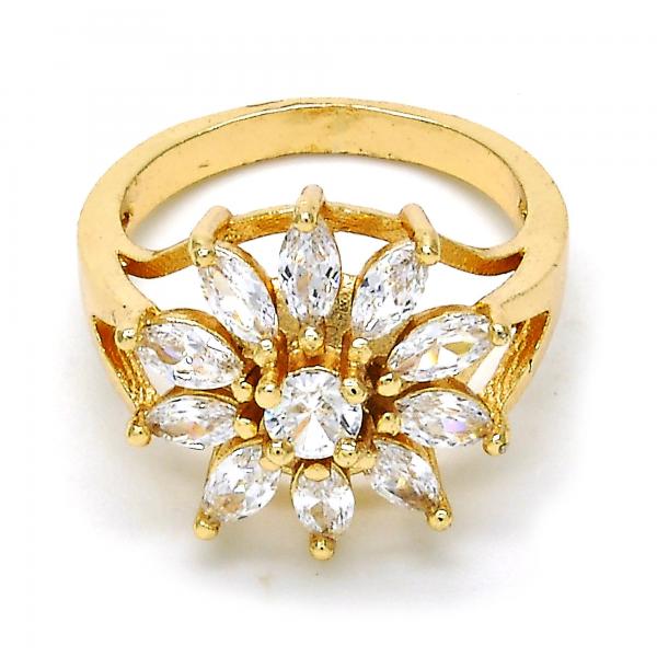 Anillo Multi Piedra 01.210.0046.09 Oro Laminado, Diseño de Flor, con Zirconia Cubica Blanca, Pulido, Dorado