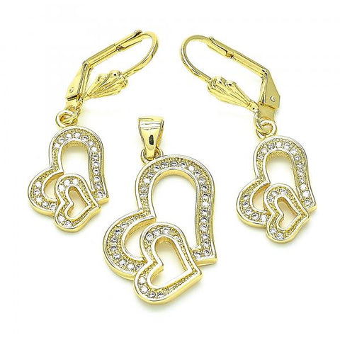 Juego de Arete y Dije de Adulto 10.342.0025 Oro Laminado, Diseño de Corazon, con Zirconia Cubica Blanca, Pulido, Dorado