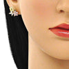 Arete Dormilona 02.387.0014 Oro Laminado, Diseño de Flor y Oja, Diseño de Flor, con Zirconia Cubica Rosado y Blanca, Pulido, Dorado