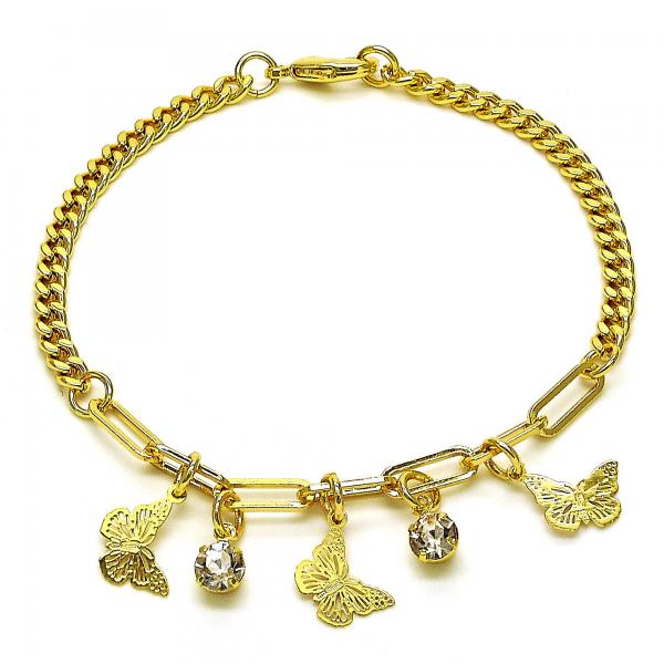 Pulsera de Dije 03.63.2243.07 Oro Laminado, Diseño de Mariposa y Paperclip, Diseño de Mariposa, con Cristal Blanca, Pulido, Dorado