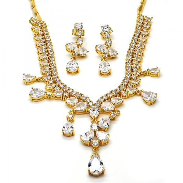 Collar y Arete 06.221.0005 Oro Laminado, Diseño de Gota, con Zirconia Cubica Blanca, Pulido, Dorado