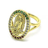 Anillo Multi Piedra 01.380.0022.1.07 Oro Laminado, Diseño de Guadalupe y Flor, Diseño de Guadalupe, con Zirconia Cubica Multicolor, Pulido, Dorado