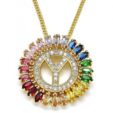 Collares con Dije 04.210.0024.1.20 Oro Laminado, Diseño de Iniciales, con Zirconia Cubica Multicolor, Pulido, Dorado