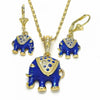 Juego de Arete y Dije de Adulto 10.351.0004.4 Oro Laminado, Diseño de Elefante, con Cristal Blanca, Esmaltado Azul, Dorado
