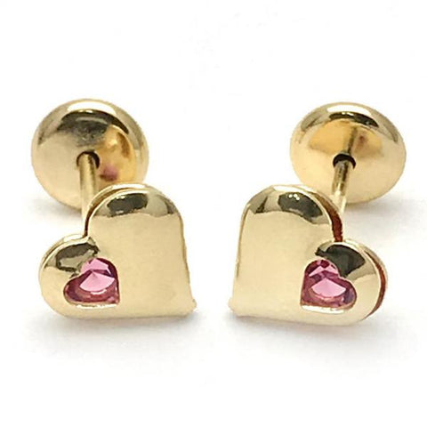 Arete Dormilona 02.09.0196.1 Oro Laminado, Diseño de Corazon, con Zirconia Cubica Rosado, Pulido, Dorado