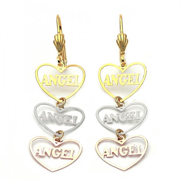 Arete Largo 5.113.017 Oro Laminado, Diseño de Corazon y Angel, Diseño de Corazon, Pulido, Tricolor