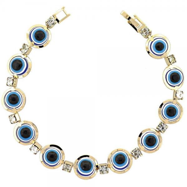 Pulsera Elegante 03.151.0002 Oro Laminado, Diseño de Ojo Griego, con Zirconia Cubica Blanca, Resinado Azul, Dorado