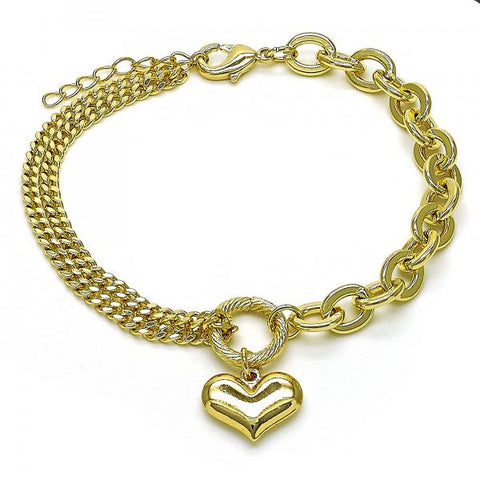 Pulsera Elegante 03.213.0209.07 Oro Laminado, Diseño de Corazon y Rolo, Diseño de Corazon, Pulido, Dorado