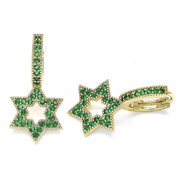 Argolla Huggie 02.210.0472.2.15 Oro Laminado, Diseño de Estrella de Davi, con Micro Pave Verde, Pulido, Dorado
