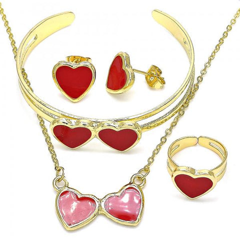Collar, Pulso, Arete y Anillo 06.361.0025.1 Oro Laminado, Diseño de Corazon, Esmaltado Rojo, Dorado