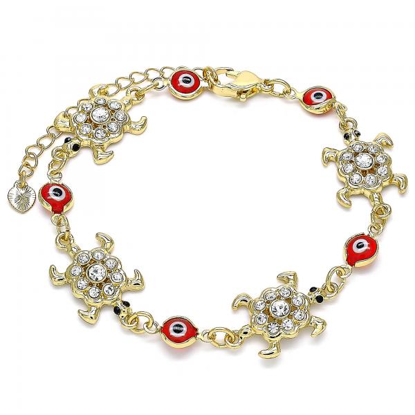 Pulsera Elegante 03.380.0039.1.07 Oro Laminado, Diseño de Tortuga y Ojo Griego, Diseño de Tortuga, con Cristal Blanca y Negro, Resinado Rojo, Dorado