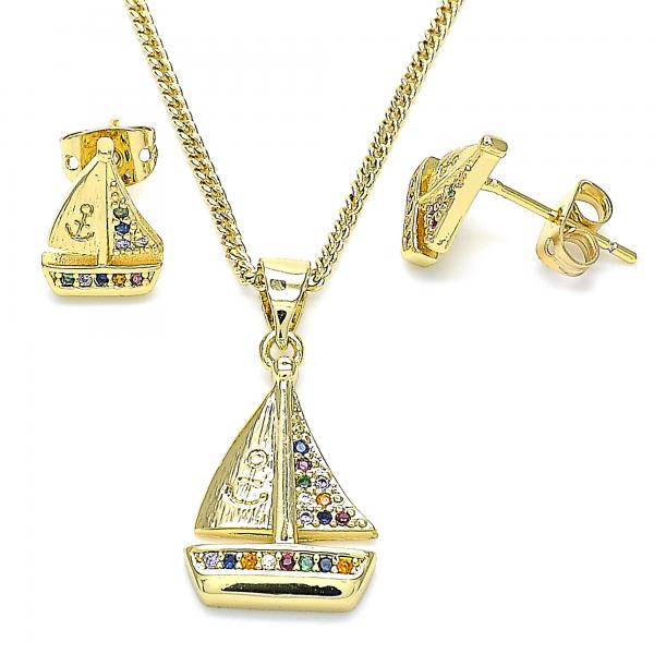 Juego de Arete y Dije de Adulto 10.342.0023.1 Oro Laminado, Diseño de Ancla, con Zirconia Cubica Multicolor, Pulido, Dorado