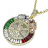 Dije Religioso 05.380.0031.1 Oro Laminado, Diseño de Moneda Centenario y Angel, Diseño de Moneda Centenario, con Cristal Granate y Verde, Pulido, Tricolor