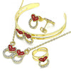 Collar, Pulso, Arete y Anillo 06.361.0023.1 Oro Laminado, Diseño de Corazon, con Cristal Granate y Blanca, Pulido, Dorado
