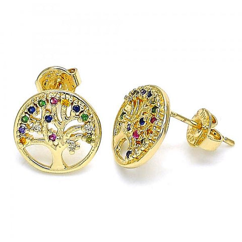Arete Dormilona 02.156.0450.1 Oro Laminado, Diseño de Arbol, con Micro Pave Multicolor, Pulido, Dorado