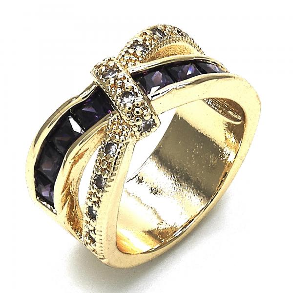 Anillo Multi Piedra 01.210.0045.6.09 Oro Laminado, con Zirconia Cubica Amatista y Blanca, Pulido, Dorado