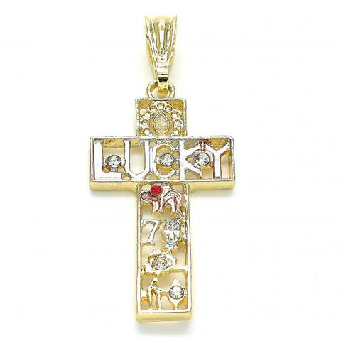 Dije Religioso 05.351.0058 Oro Laminado, Diseño de Cruz y Buho, Diseño de Cruz, con Cristal Granate y Blanca, Pulido, Tricolor