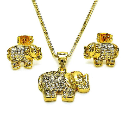 Juego de Arete y Dije de Adulto 10.342.0124 Oro Laminado, Diseño de Elefante, con Micro Pave Blanca, Pulido, Dorado