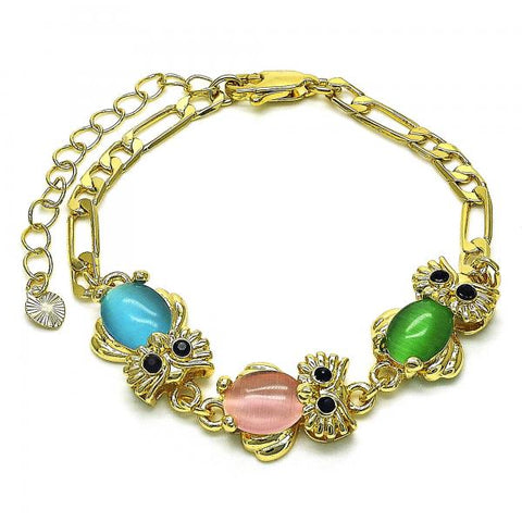 Pulsera Elegante 03.380.0136.07 Oro Laminado, Diseño de Buho, con Opal Multicolor y CristalNegro, Pulido, Dorado